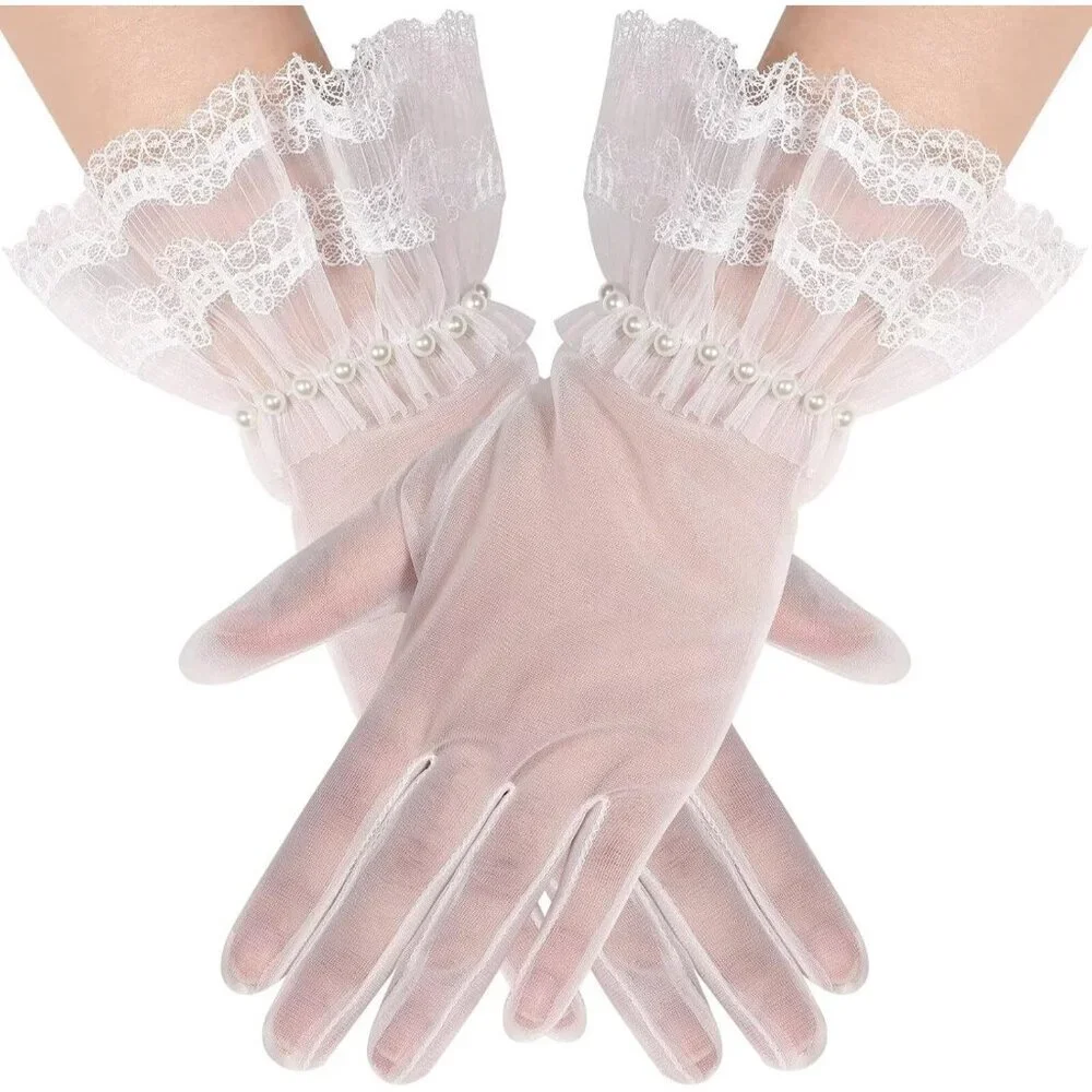 Women's Lvory 05 Floral Short Length Lace Tulle Mesh Wrist Wedding Party Gloves